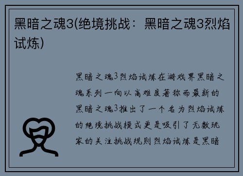 黑暗之魂3(绝境挑战：黑暗之魂3烈焰试炼)